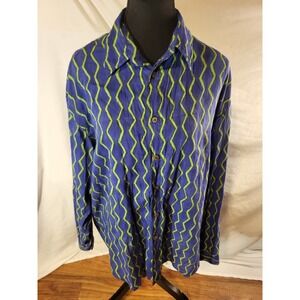 Anokhi Size Small Blue & Green Geometric 100% Cotton Button Up Blouse L/S